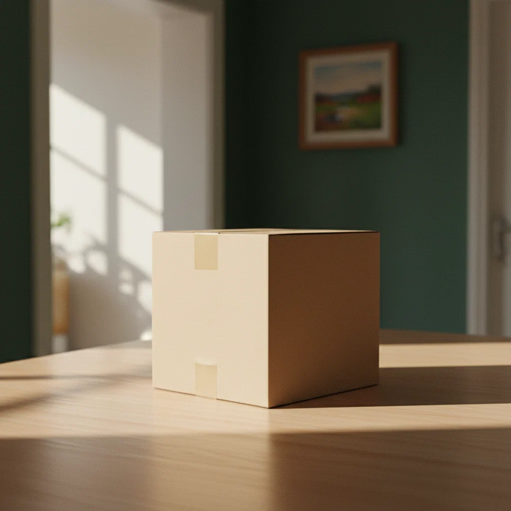 A neatly packed kraft parcel box on a table near a bright front door, ready for collection